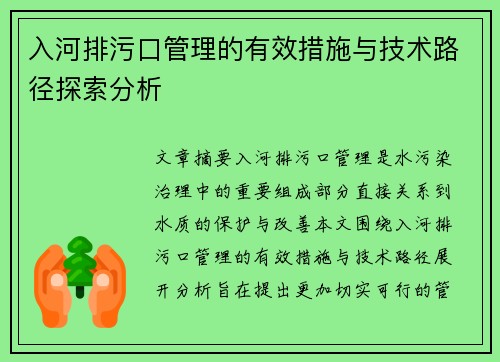 入河排污口管理的有效措施与技术路径探索分析